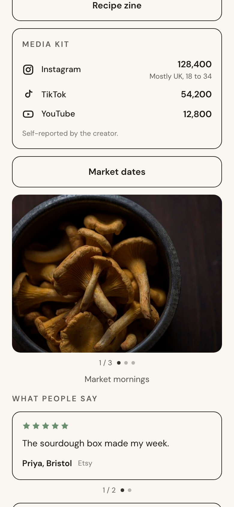 A media kit block on a creator's Buzzzlinks page showing Instagram, TikTok and YouTube follower counts above a photo carousel and a review